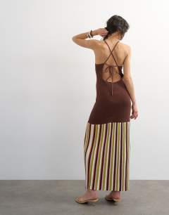 Model wearing Knitted strap back full skirt maxi dress in chocolate