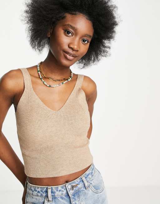 Topshop knitted strappy tank top in mink