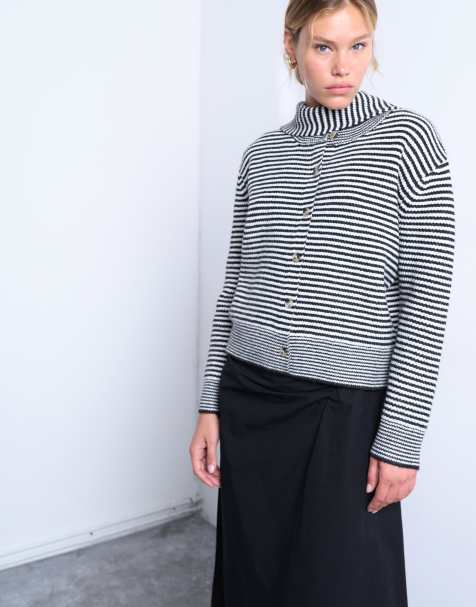 Topshop knitted stripe cardigan and scarf in mono - view 1