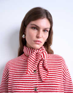 Model wearing Knitted stripe cardigan and scarf in red and white