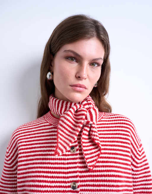 Topshop knitted stripe cardigan and scarf in red and white, 3 of 4