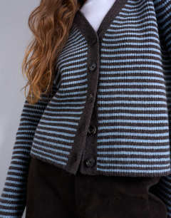 Model wearing Knitted stripe cardigan in blue