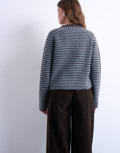 Model wearing Knitted stripe cardigan in blue
