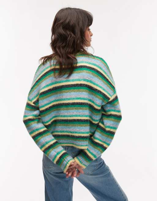 JASTIE Women's Open Front Cardigan - Striped Lightweight Sweater, 100% Acrylic, Green, Size Large