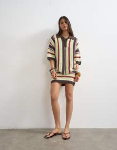 Model wearing Knitted stripe co-ord mini skirt in multi