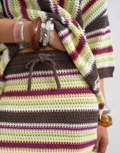 Model wearing Knitted stripe co-ord mini skirt in multi