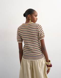 Model wearing Knitted stripe co-ord top in multi