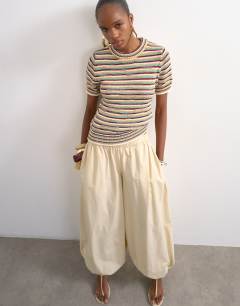 Model wearing Knitted stripe co-ord top in multi