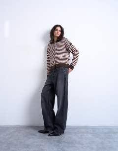 Model wearing Knitted stripe collared cardigan in multi