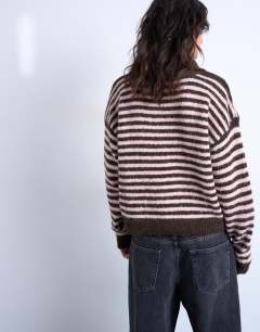 Model wearing Knitted stripe collared cardigan in multi