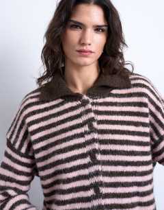 Model wearing Knitted stripe collared cardigan in multi