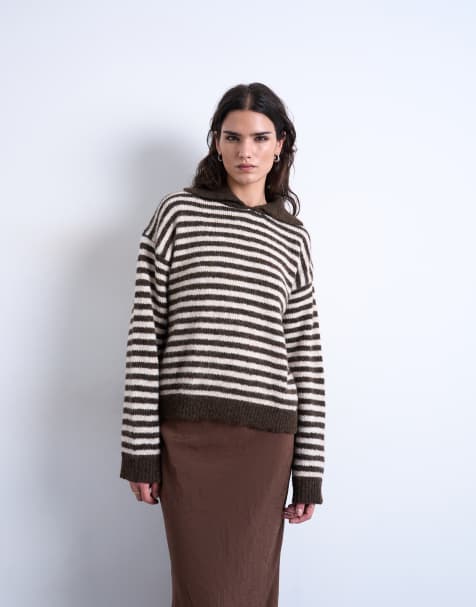 Topshop knitted stripe collared jumper in mono brown - view 1