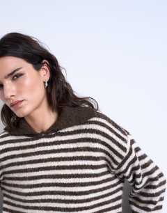 Model wearing Knitted stripe collared jumper in mono brown