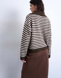Model wearing Knitted stripe collared jumper in mono