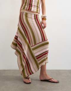 Model wearing Knitted stripe full skirt co-ord in green multi