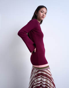 Model wearing Knitted stripe full skirt long sleeve dress in burgundy