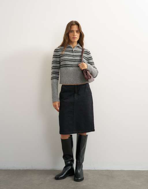 Topshop knitted stripe half zip funnel neck jumper with wool in multi, 3 of 4