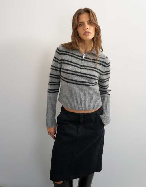 Topshop knitted stripe half zip funnel neck jumper with wool in multi, 4 of 4