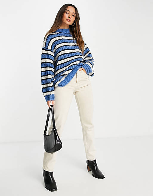 Women Topshop knitted stripe jumper in blue 