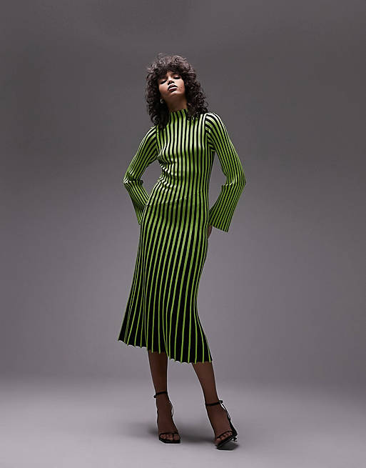 Topshop knitted stripe long sleeve midi dress in lime
