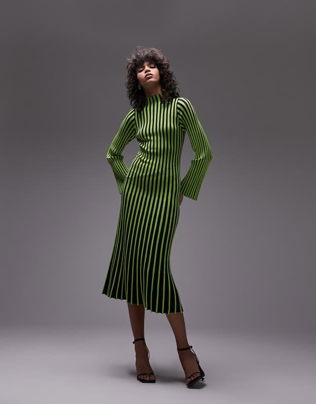 Topshop knitted stripe long sleeve midi dress in lime