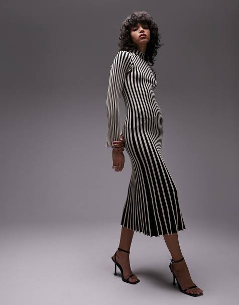 Topshop knitted stripe long sleeve midi dress in monochrome - view 1