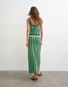 Model wearing Knitted stripe maxi dress in blue and green