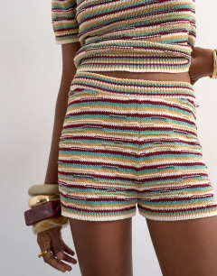 Model wearing Knitted stripe micro short co-ord in multi