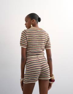 Model wearing Knitted stripe micro short co-ord in multi