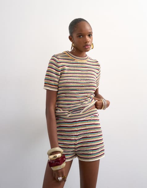 Topshop knitted stripe micro shorts in multi (part of a set) - view 1