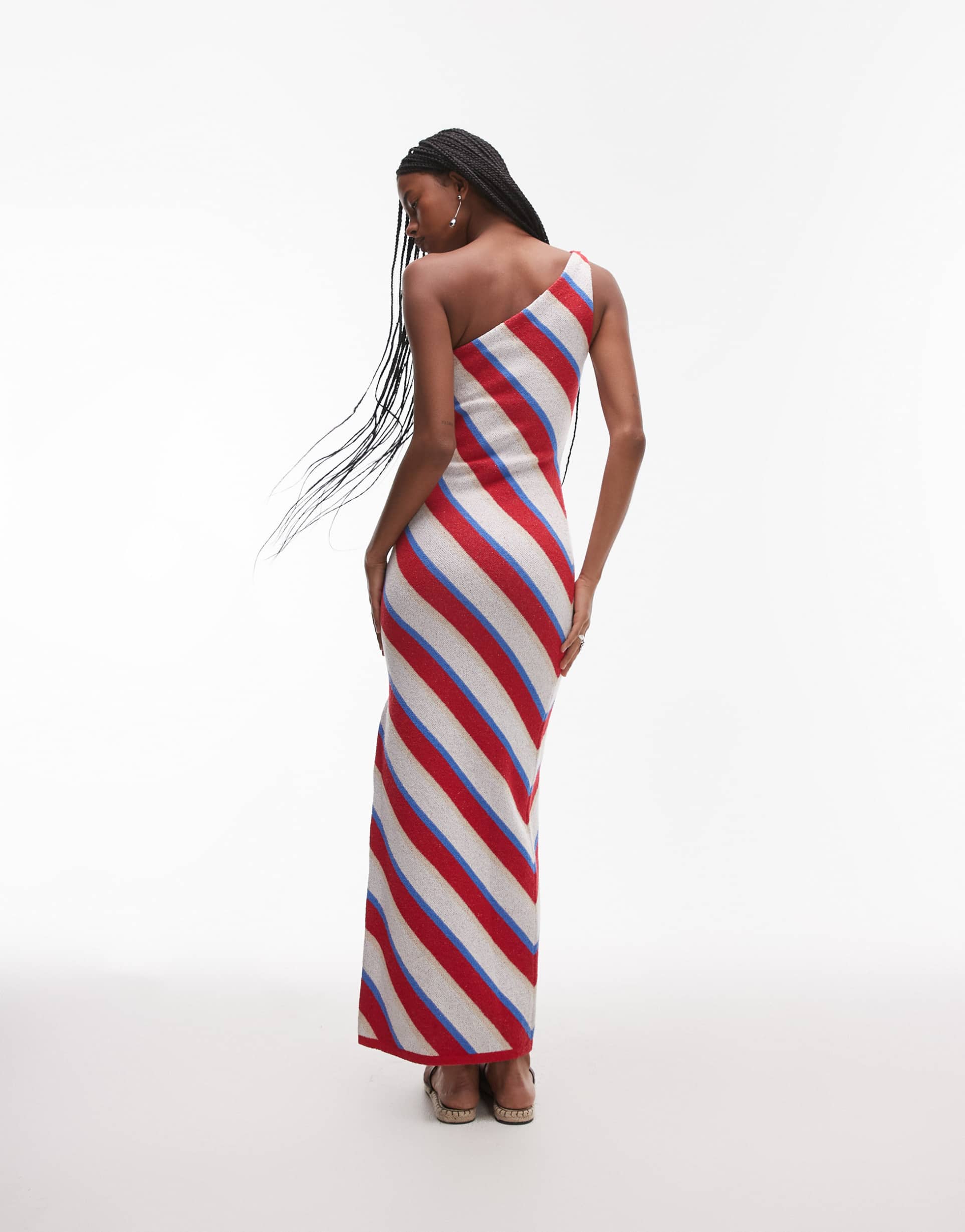 topshop knitted stripe one shoulder maxi dress in multi