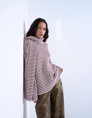 Knitted stripe oversized jumper with scarf in plum
