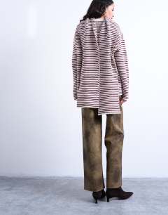 Model wearing Knitted stripe oversized jumper with scarf in plum