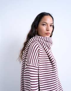 Model wearing Knitted stripe oversized jumper with scarf in plum