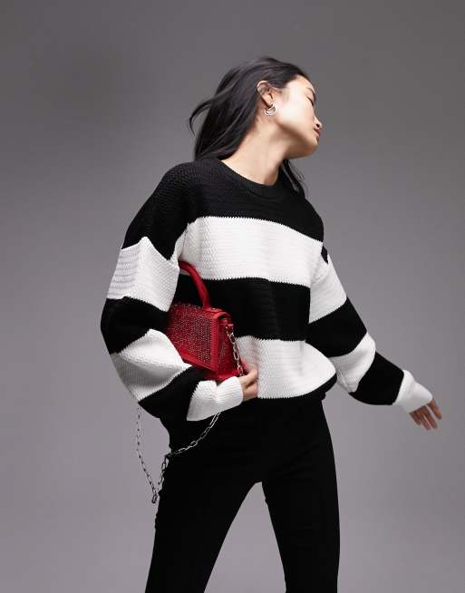 Topshop knitted stripe oversized sweater in mono