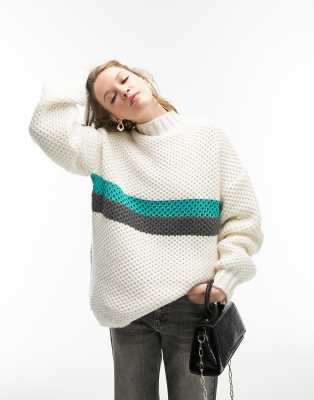 Topshop knitted stripe placement funnel sweater in cream-Multi