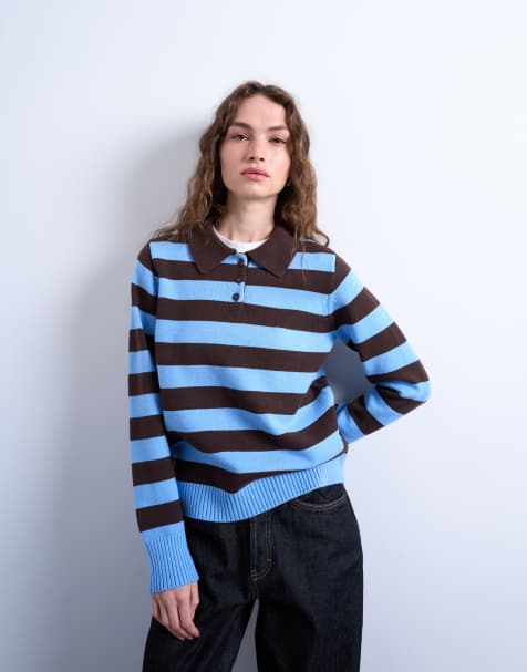 Topshop knitted stripe polo in blue and chocolate - view 1