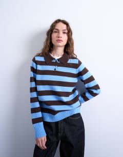 Knitted stripe polo in blue and chocolate