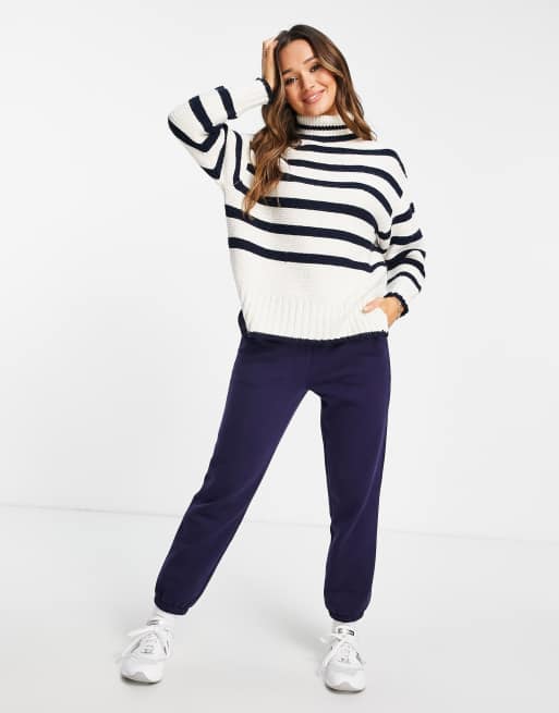 Women's striped polo hot sale neck jumper