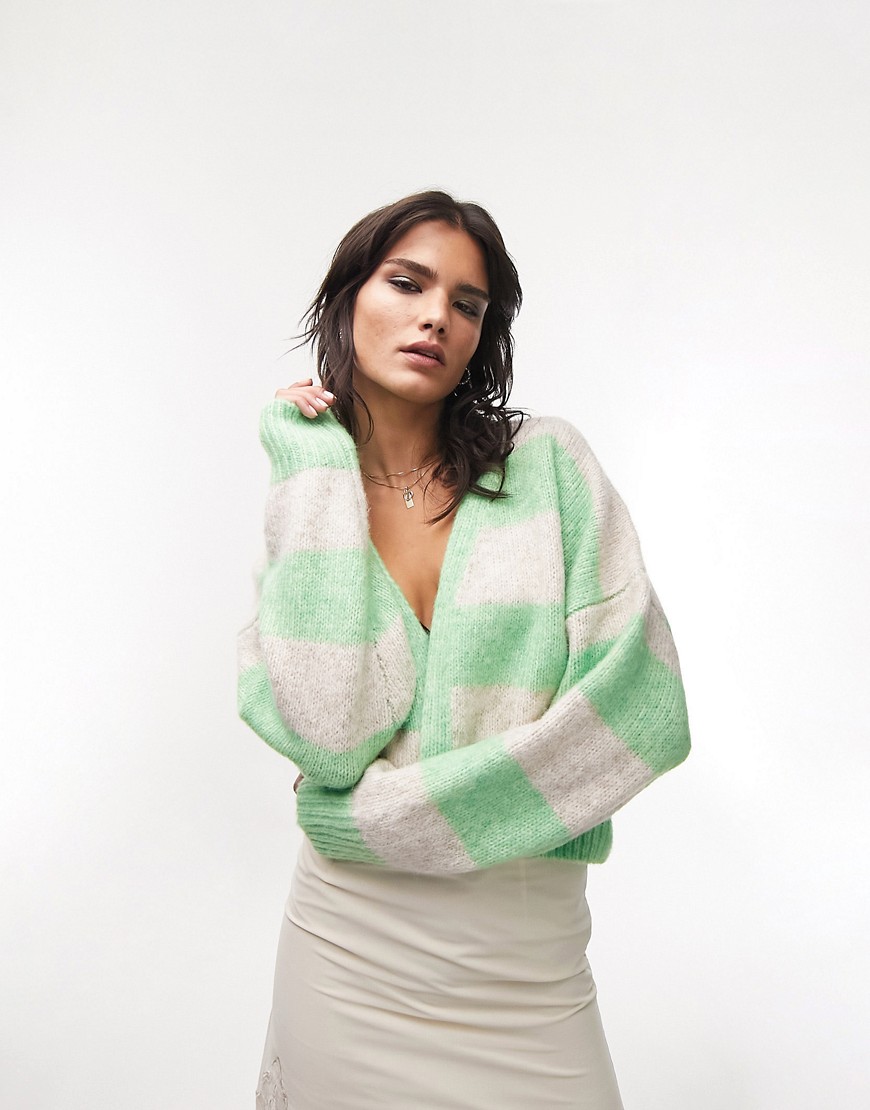 Topshop knitted stripe short cardi in green