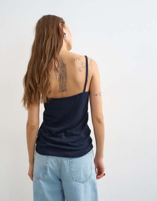Topshop knitted stripe tank singlet in blue, 4 of 4