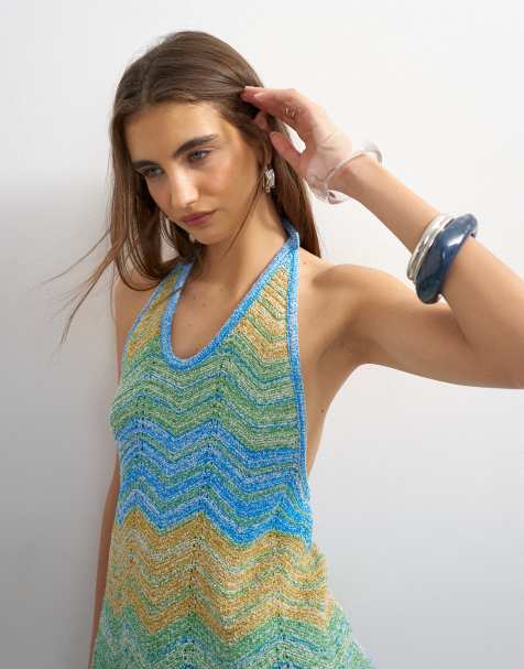 Topshop knitted stripe tie back top co-ord in blue multi - view 1