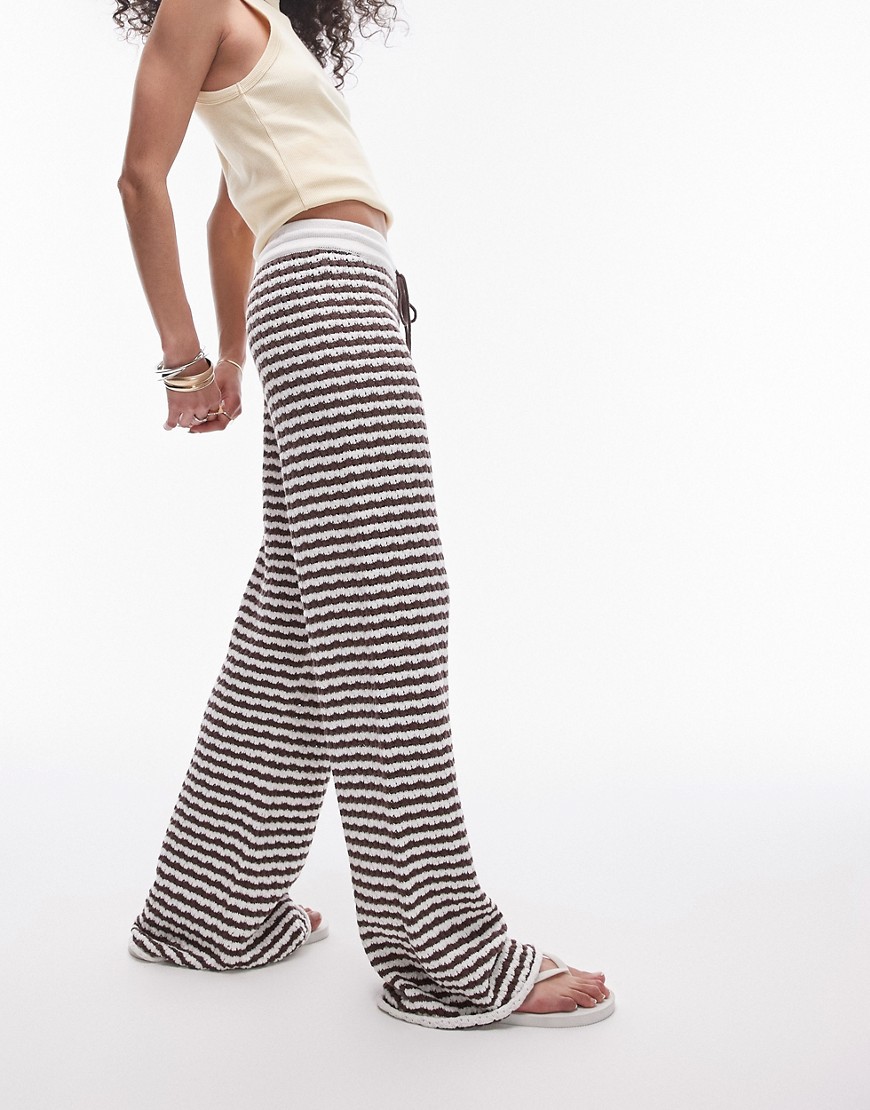 Topshop knitted stripe trouser in brown and white-Multi