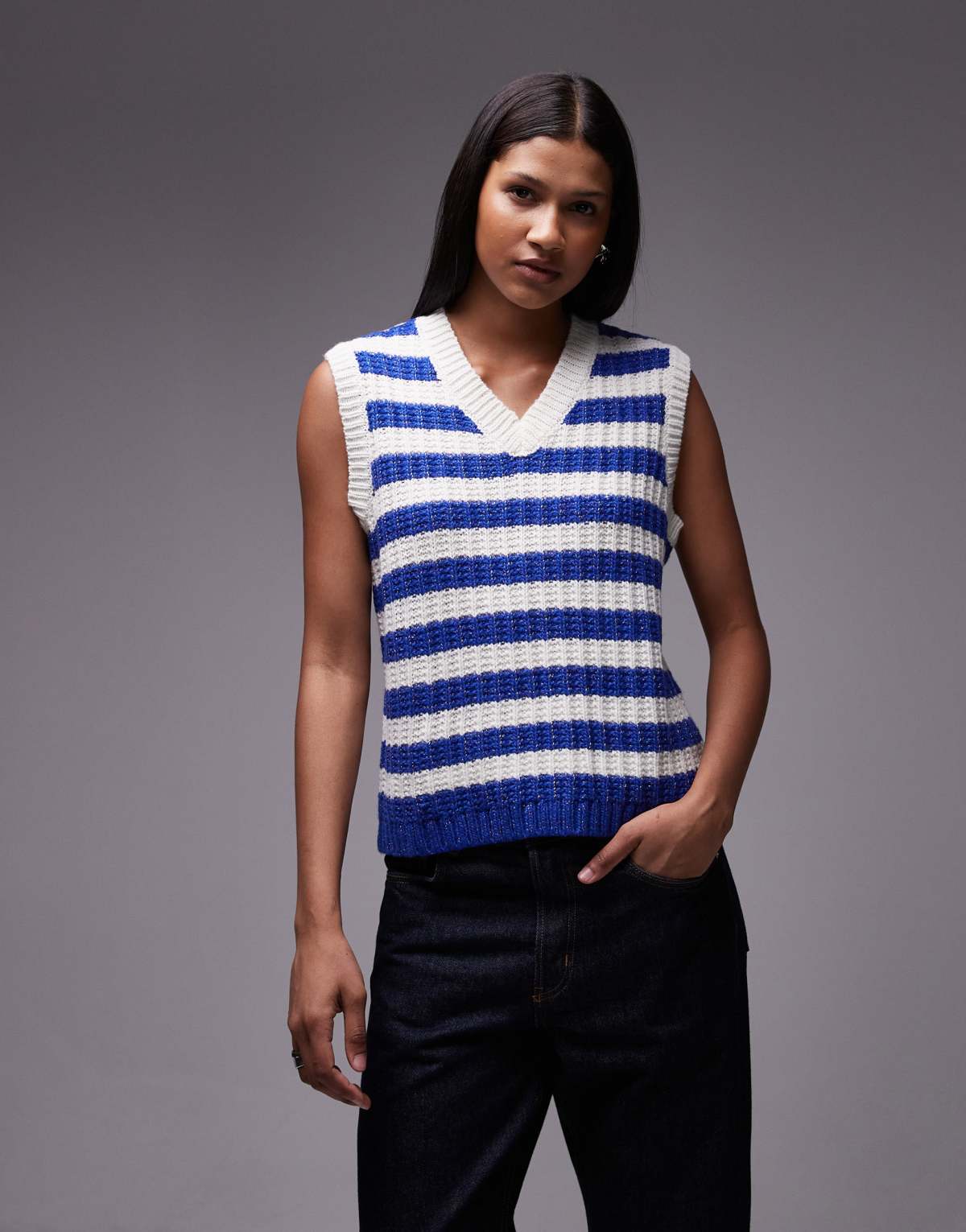 Topshop knitted stripe vintage vest in blue