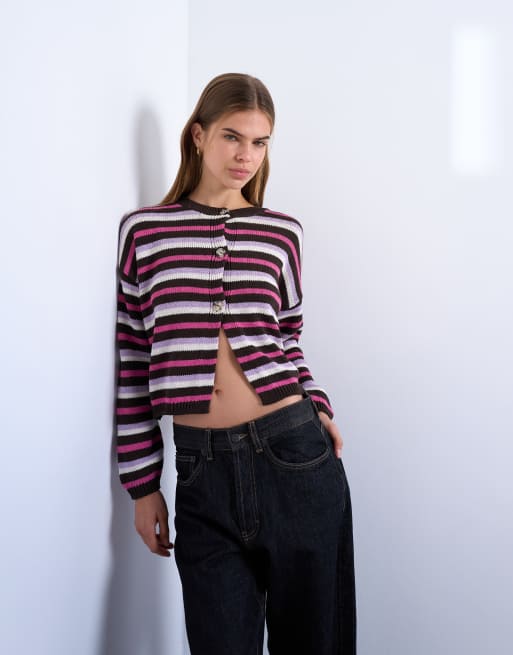 Topshop knitted striped cardigan in pink
