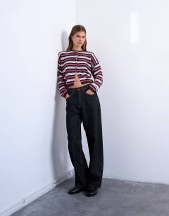 Model wearing Knitted striped cardigan in pink