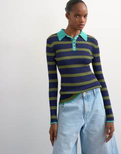 Knitted striped collar polo in khaki