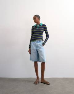 Model wearing Knitted striped collar polo in khaki
