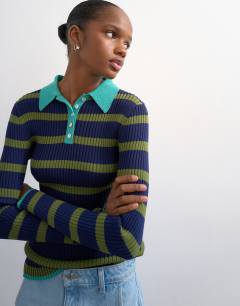 Model wearing Knitted striped collar polo in khaki