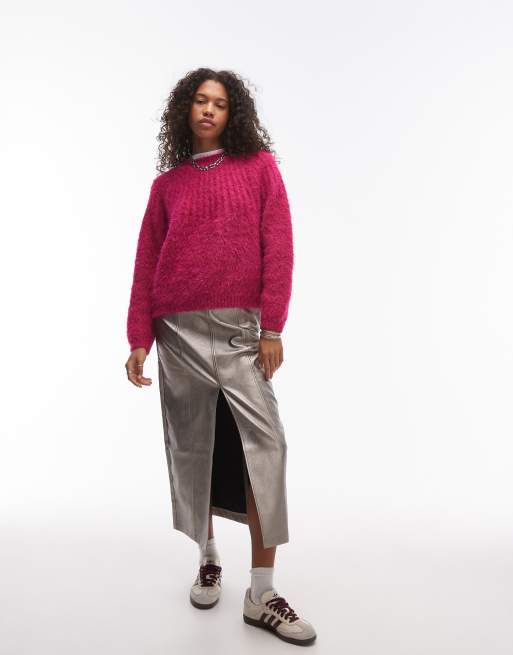 Topshop knitted super fluffy rib detail relaxed sweater in magenta
